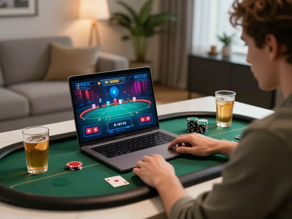 RIKVIP player strategizing online poker with vibrant interface in a cozy modern living room.