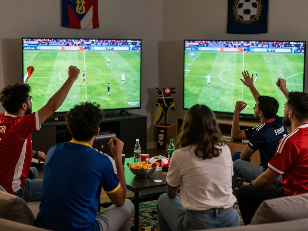 Loyal fans enjoying a live football match on luongsontv, surrounded by jerseys and snacks.