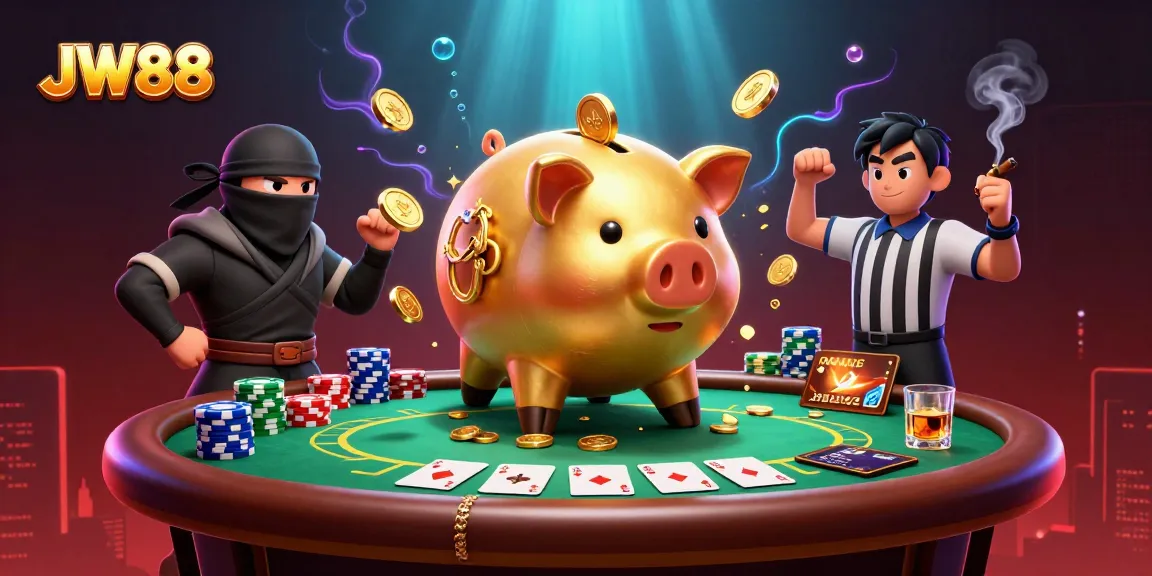 JW88 showcases dynamic casino action with a golden piggy bank sumo wrestler and friends amidst vibrant poker elements.