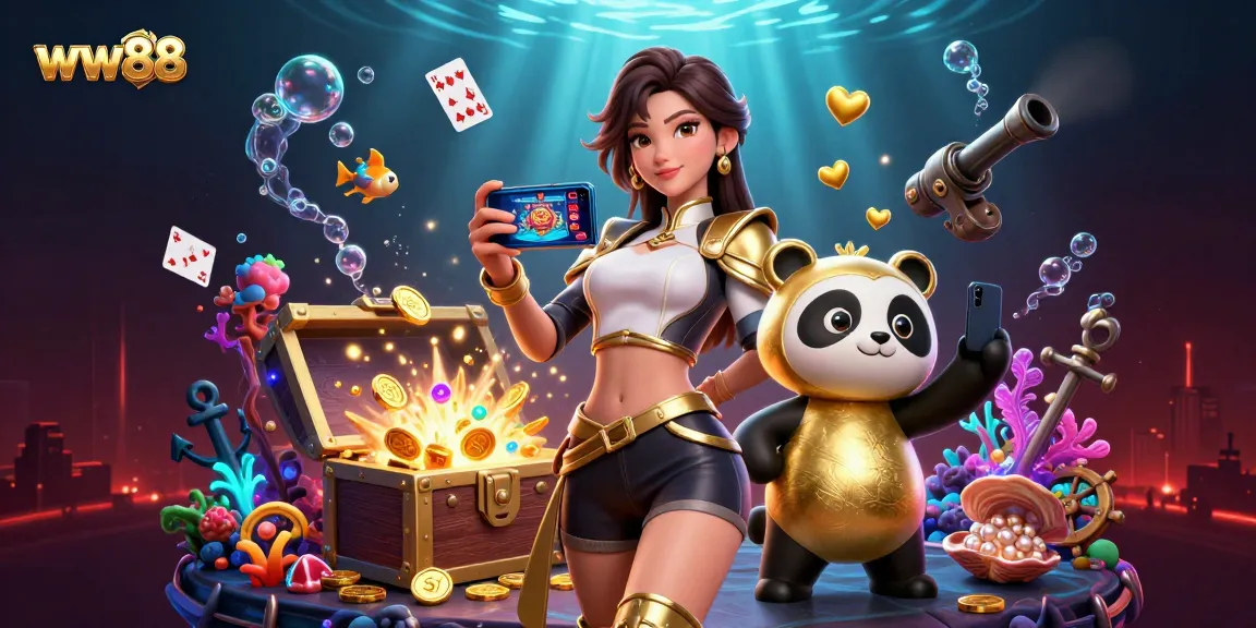 Engage with ww88 casino games through entertaining 3D visuals of a modern Asian gamer with a playful panda.