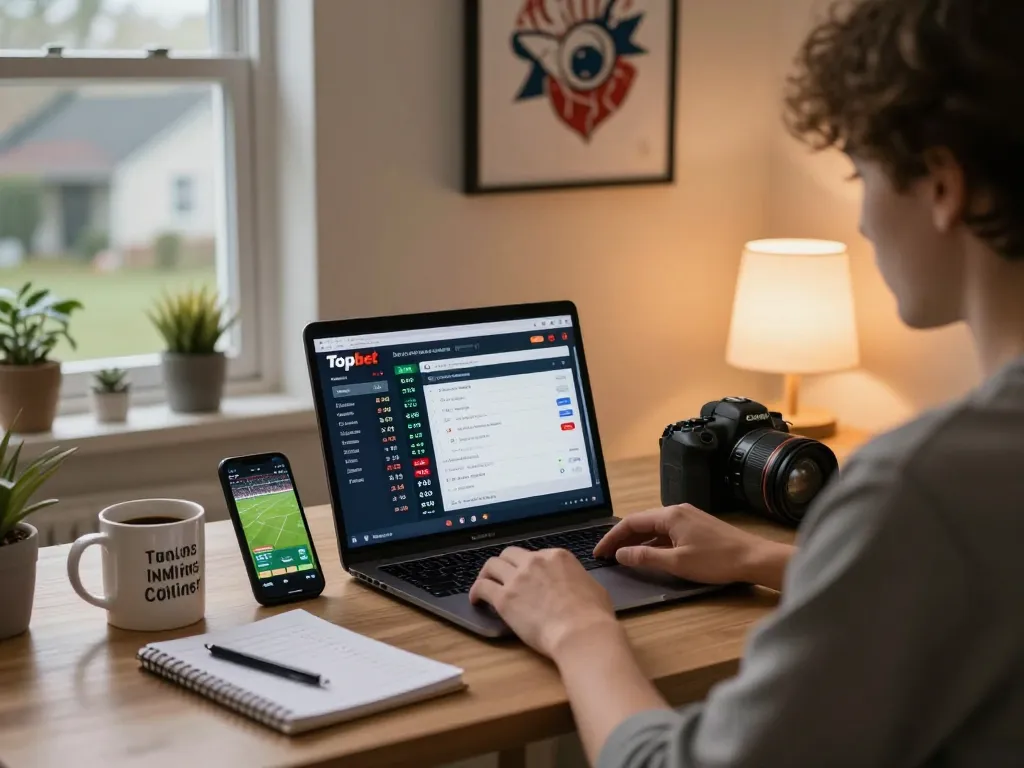 Topbet đăng nhập online betting scene in a cozy home office with laptops and sports odds.