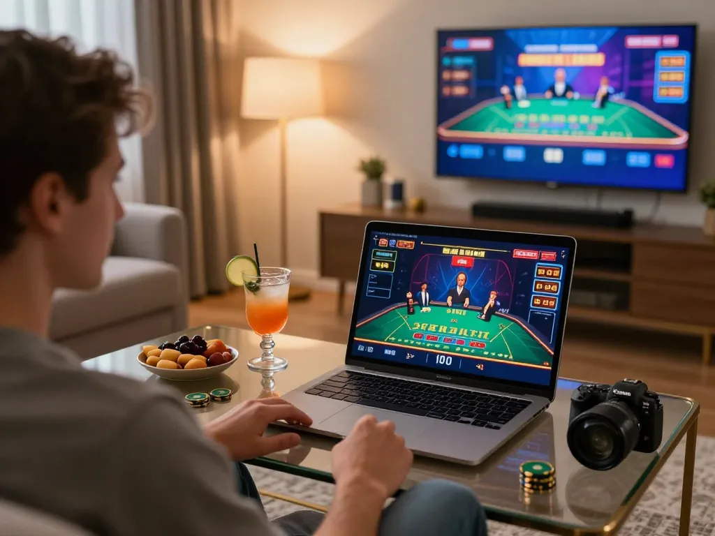 Uk88 online casino player enjoying live blackjack game at home with strategic focus.