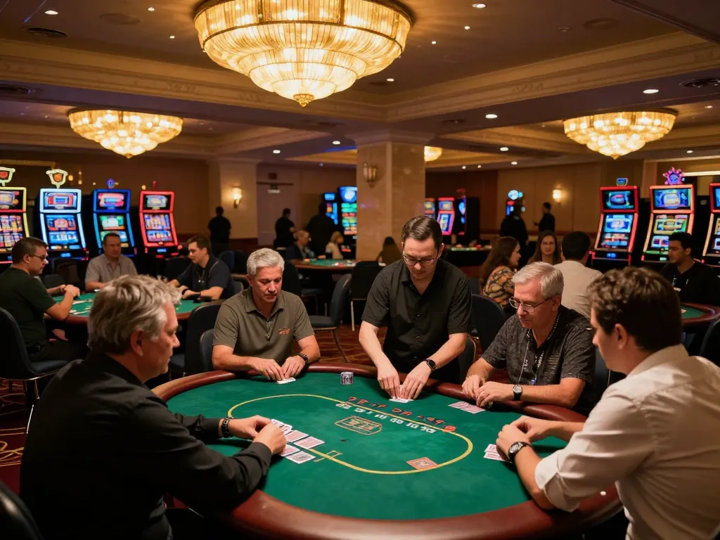 Players engaging in high-stakes poker at the Da88 casino, vibrant atmosphere, strategic gameplay.