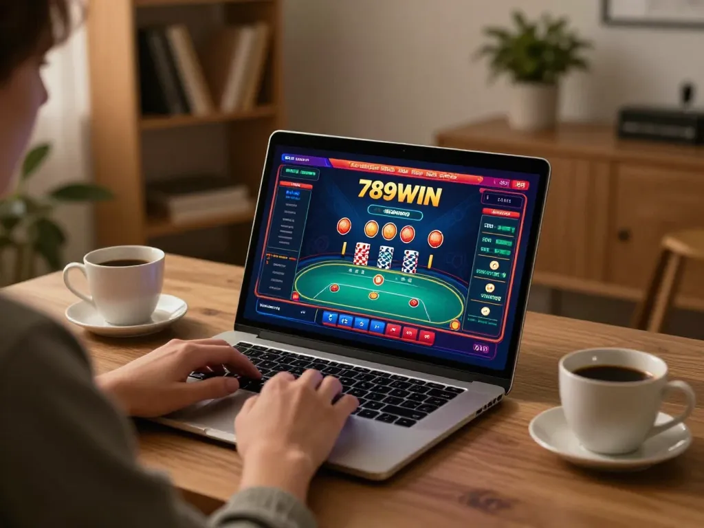 Betting on 789WIN online casino with vibrant poker game displayed on laptop screen