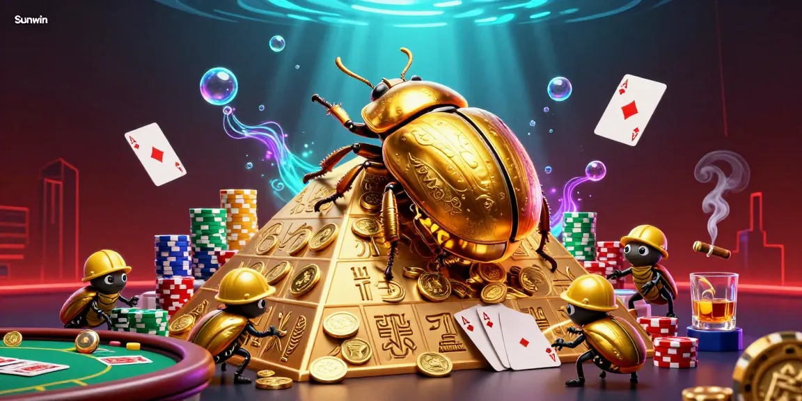 Experience thrilling action at Sunwin with golden beetles and dynamic poker elements amidst a vibrant casino scene.