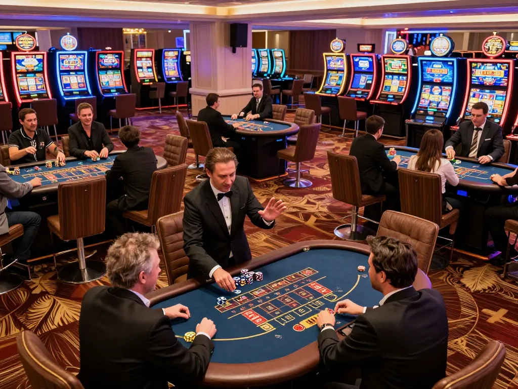 Các người chơi tham gia vào sàn casino sôi động của LUCK8, trưng bày các trò chơi poker và roulette đang diễn ra