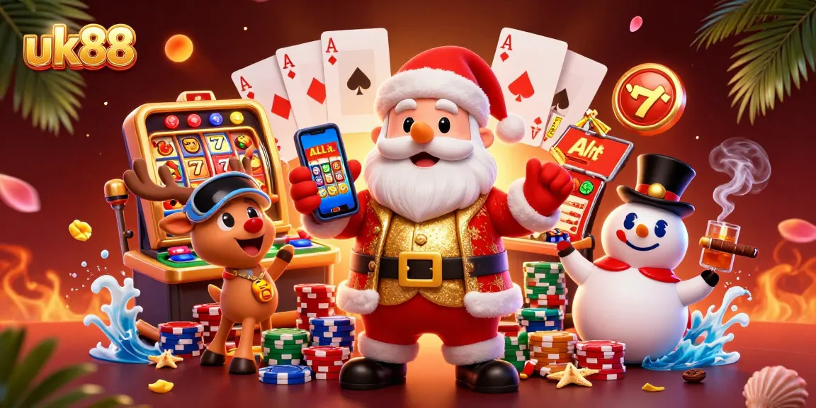 Experience thrilling jackpots at uk88 with Santa Claus and a reindeer in a vibrant casino setting.