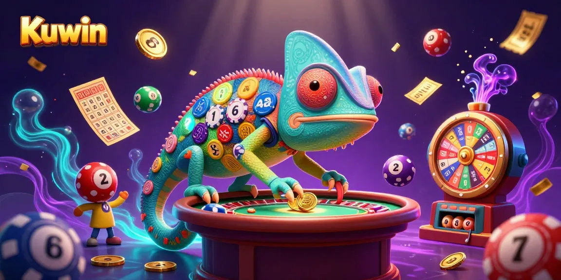 Kuwin chameleon casino owner captures golden coins as lottery balls bounce around in vibrant casino scene.