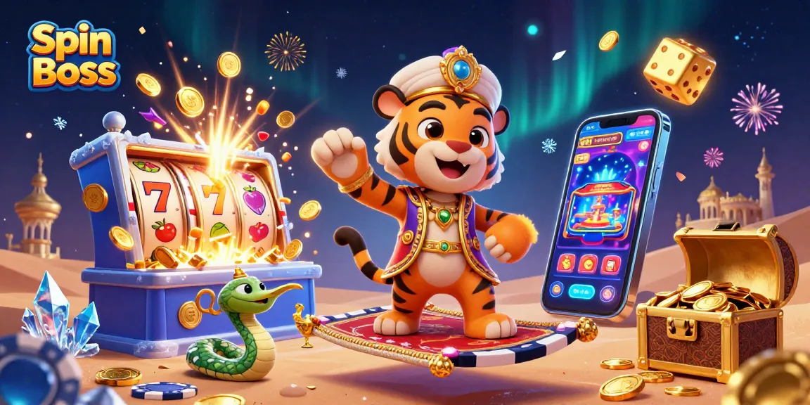 Experience winning with Spin Boss, a vibrant 3D casino scene showcasing exciting slot machines and gold treasures.