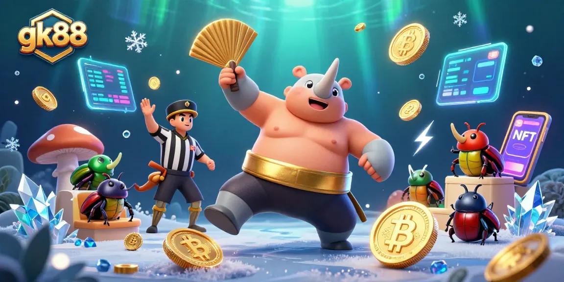 Experience thrilling gambling at gk88 with a powerful beetle champion amidst flying coins and vibrant crypto elements.