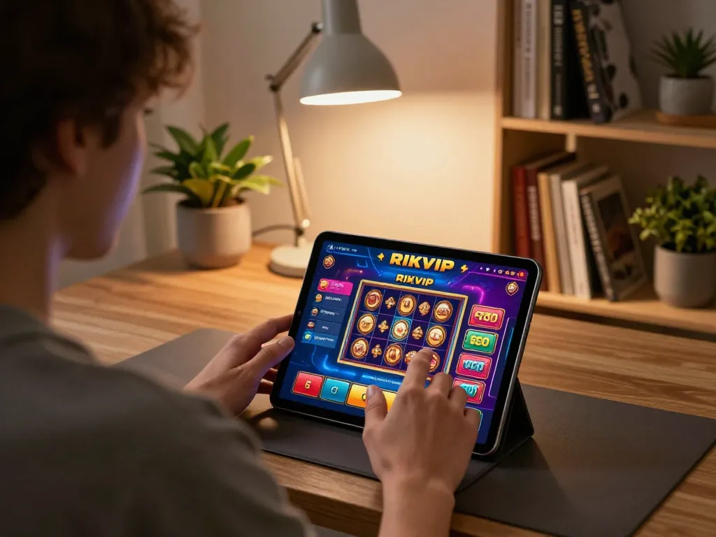 RIKVIP user engaged in online gaming session with vibrant tablet interface.