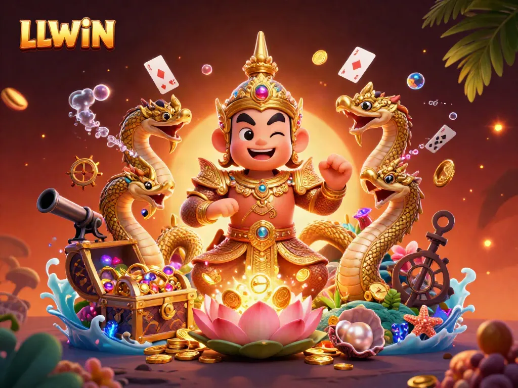 LLWIN offers an exciting scene with a guardian and Naga serpents amidst underwater treasures, enhancing the online casino experience.