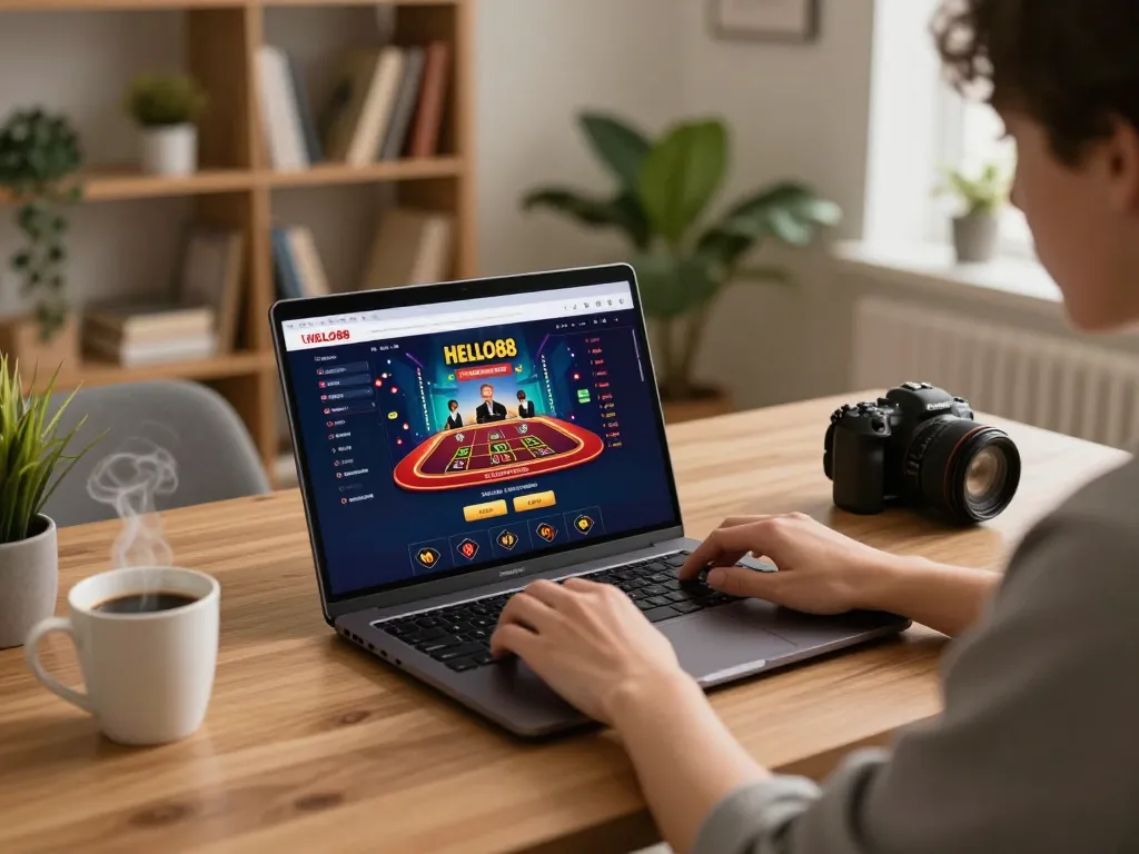 Engaging online gaming session on HELLO88 showcasing a person playing poker, cozy home atmosphere