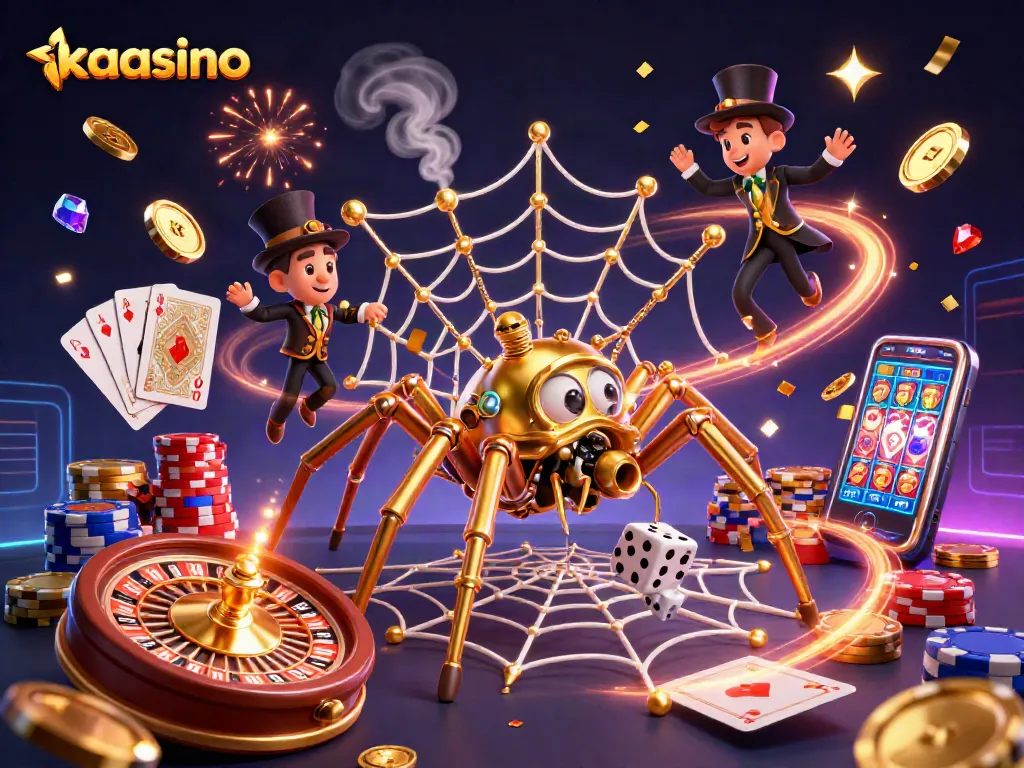 Catch the allure of kaasino with a captivating 3D illustration of a steampunk spider weaving its web in a vibrant casino scene.