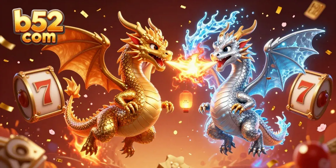 Spinning slot reels and vibrant dragons illustrate the b52 com gambling experience with dynamic energy.