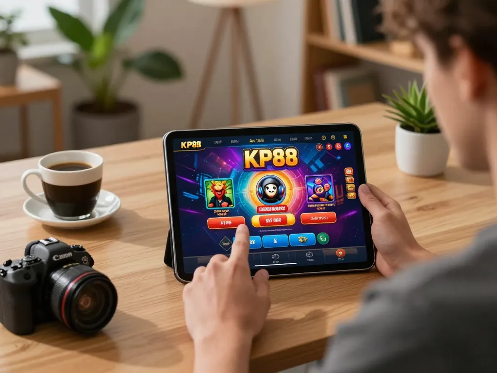 Engaging online gaming moment on KP88 where a player strategizes on their tablet in a cozy home office.