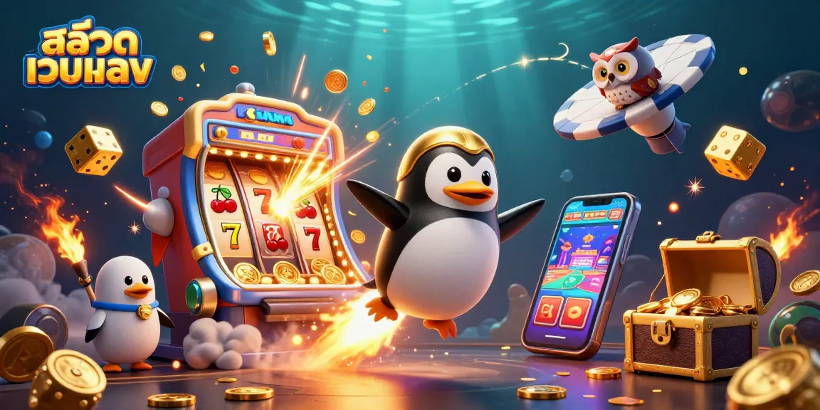 Engage with สล็อตเว็บตรง through a thrilling journey featuring a golden penguin, vibrant casino elements, and jackpot excitement!