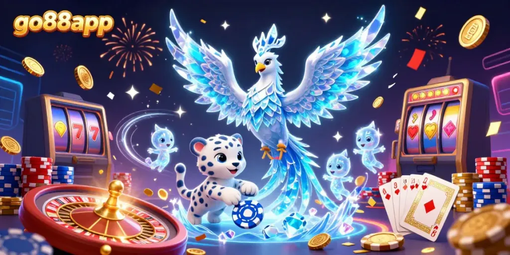Experience the excitement of go88app with vibrant characters and casino elements in a dazzling illustration.