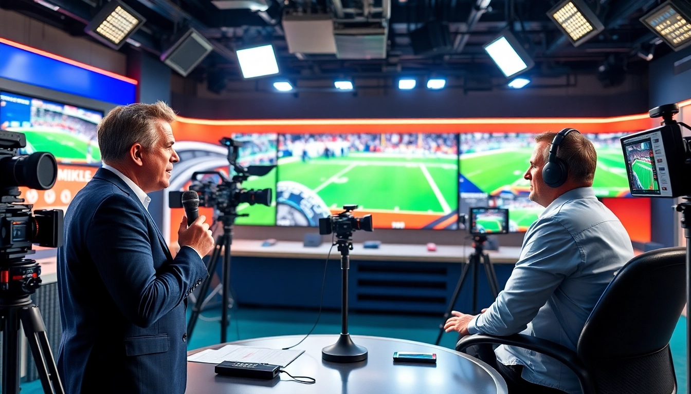 Engaging sports broadcasting scene featuring a lively host and expert in action.