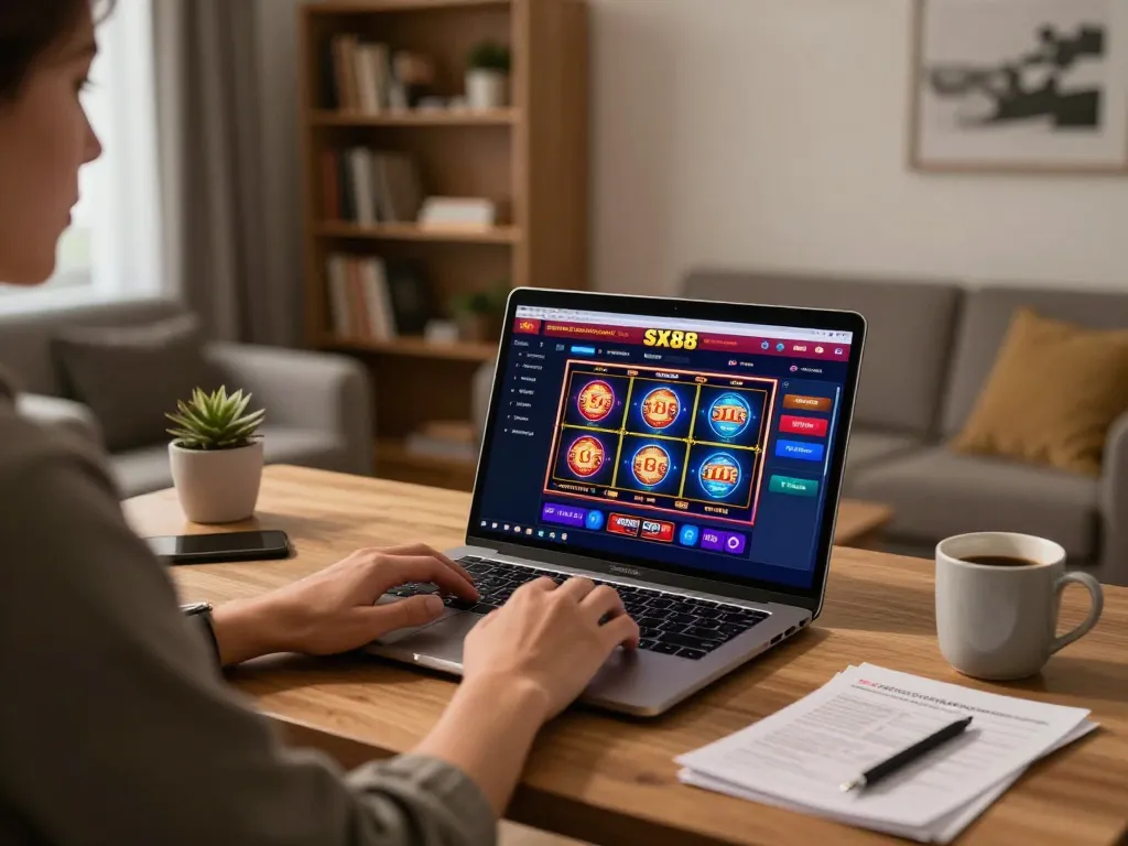 SX88 online casino gaming setup with vibrant slots on laptop screen, focused player, comfortable home environment.