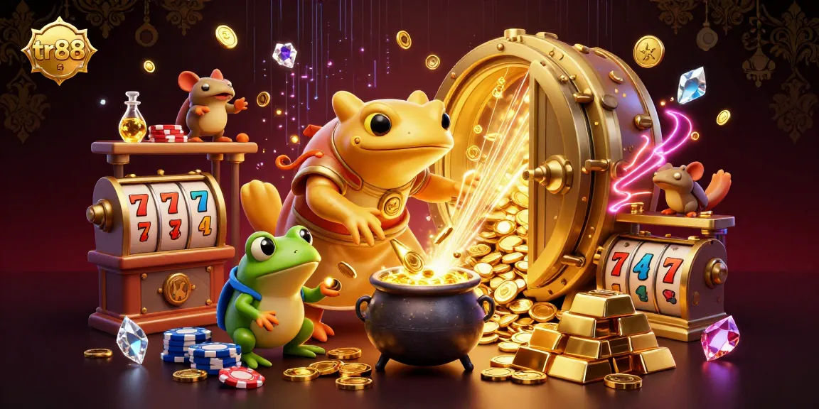 The tr88 illustration showcases a golden salamander alchemist and frog apprentice celebrating big wins at a vibrant casino.