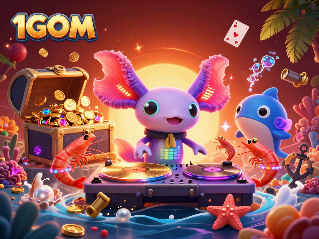 Engage with exciting casino games at 1GOM, featuring a vibrant underwater party atmosphere.