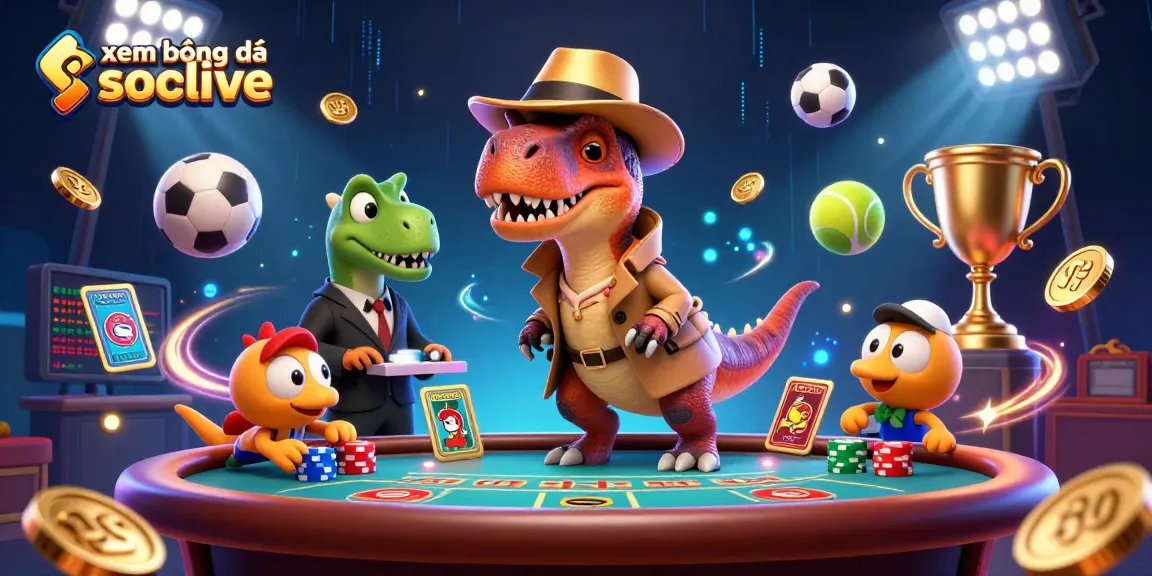 Experience xem bóng đá socolive with dynamic sports elements surrounding cartoon dinosaurs in a vibrant casino-style illustration.