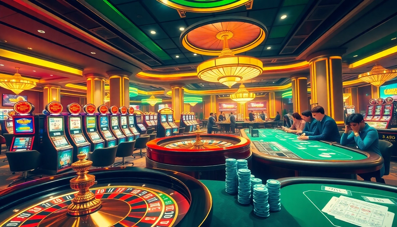 Exciting gambling scene at nhà cái nk88 featuring roulette, poker games, and vibrant slot machines.