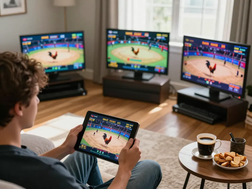 Engaging in trực tiếp đá gà on tablet showcasing live rooster fights with vibrant atmosphere.