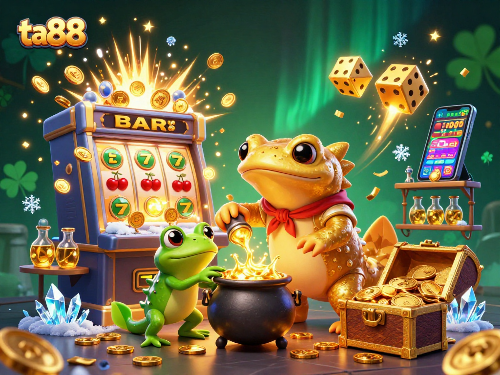 Join ta88 for an exciting casino adventure featuring a colorful slot machine and alchemists!