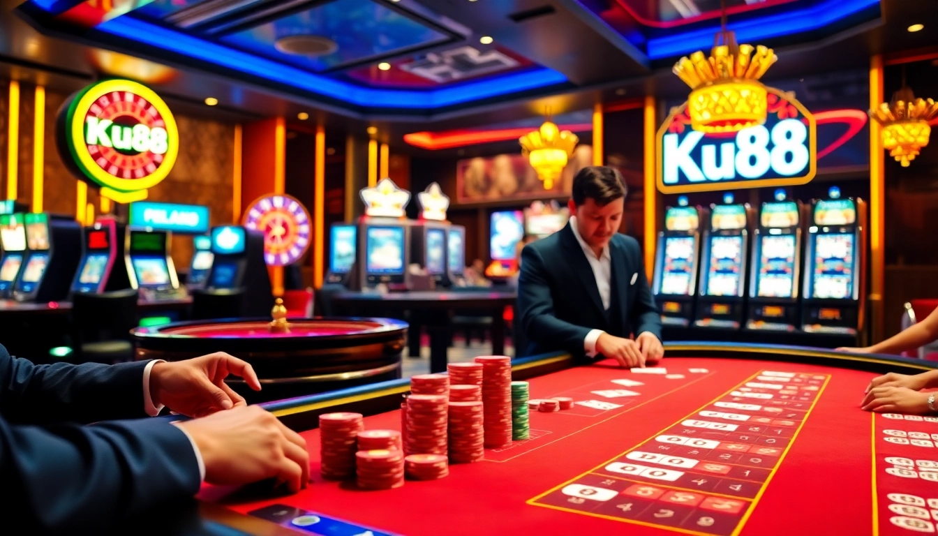 Immersive online gambling scene highlighting Ku88 đăng nhập at a luxurious casino with poker and roulette.