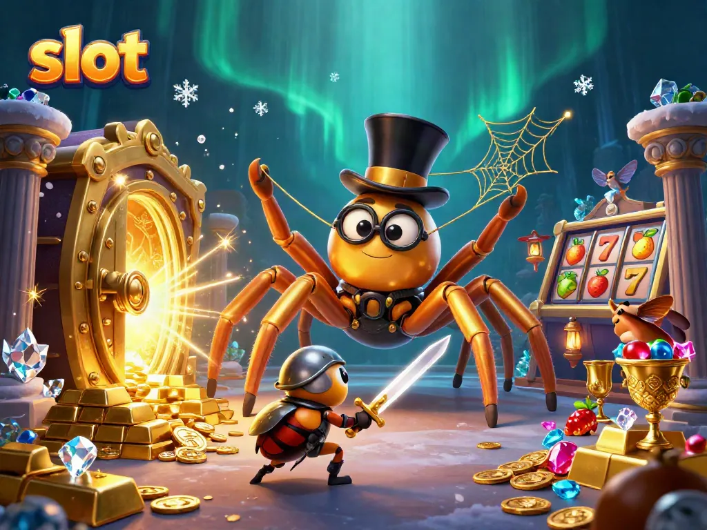 Play thrilling slot games with a giant golden tarantula and heroic beetle knight in a vibrant casino scene.