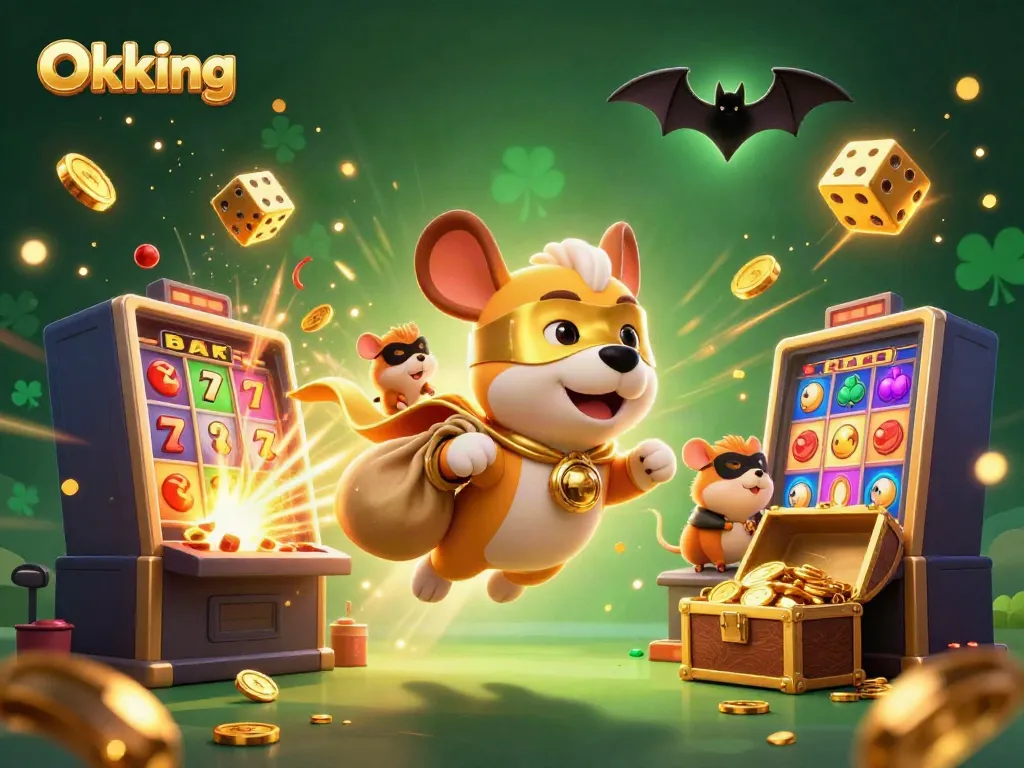 Experience the thrill of Okking with a dynamic illustration featuring gaming elements and a superhero dog delivering gold coins.