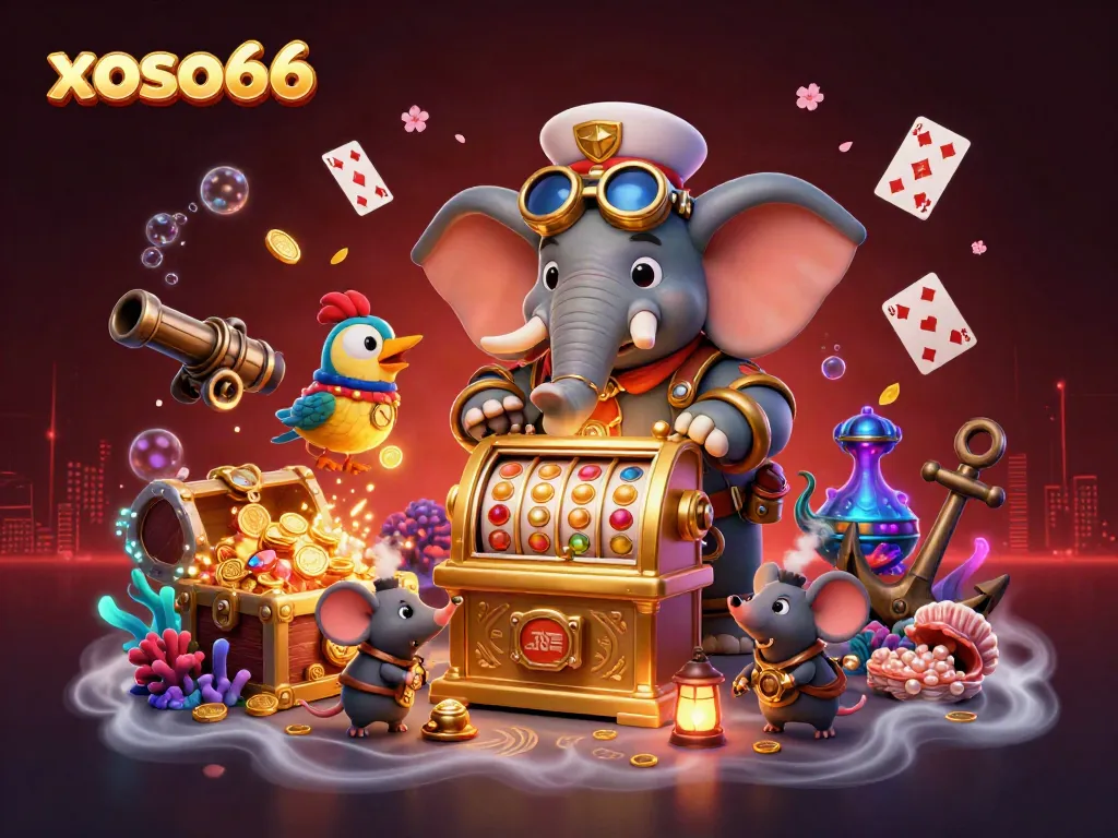 Xoso66 brings luck to players with a vibrant, dynamic slot machine scene filled with treasures and characters.