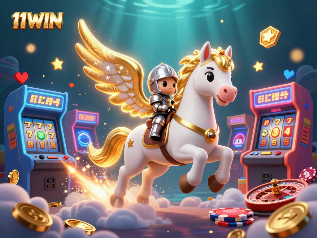Experience the excitement of 11WIN with celestial elements, arcade machines, and vibrant casino decor in this thrilling illustration.