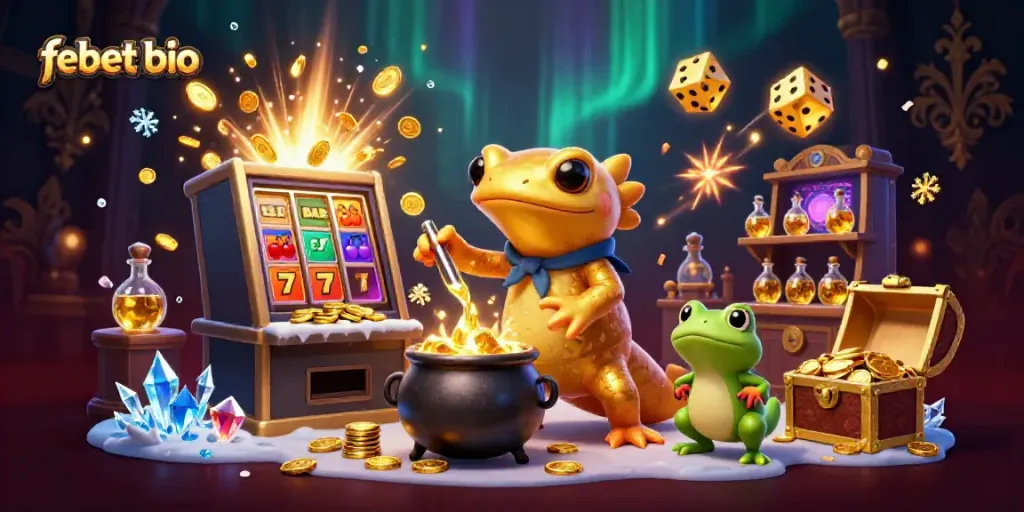 Experience the magic with febet bio as a golden alchemist creates a jackpot explosion in this vibrant casino scene.