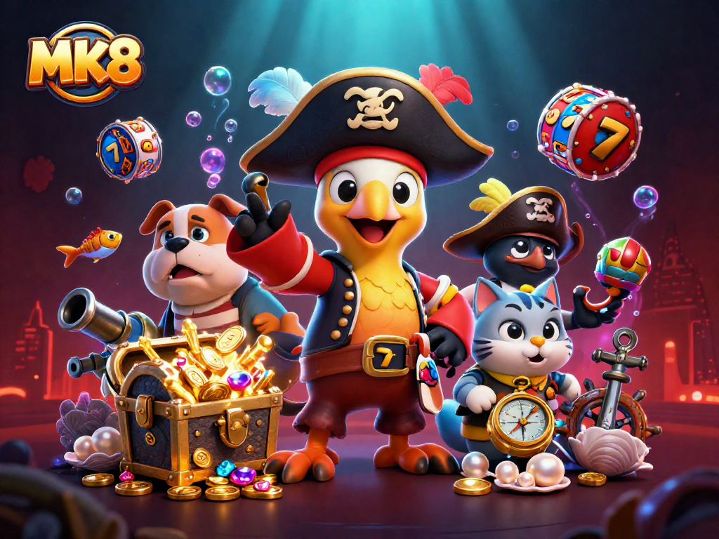 Experience the thrill of MK8 with pirate-themed characters amidst rich casino gaming elements.