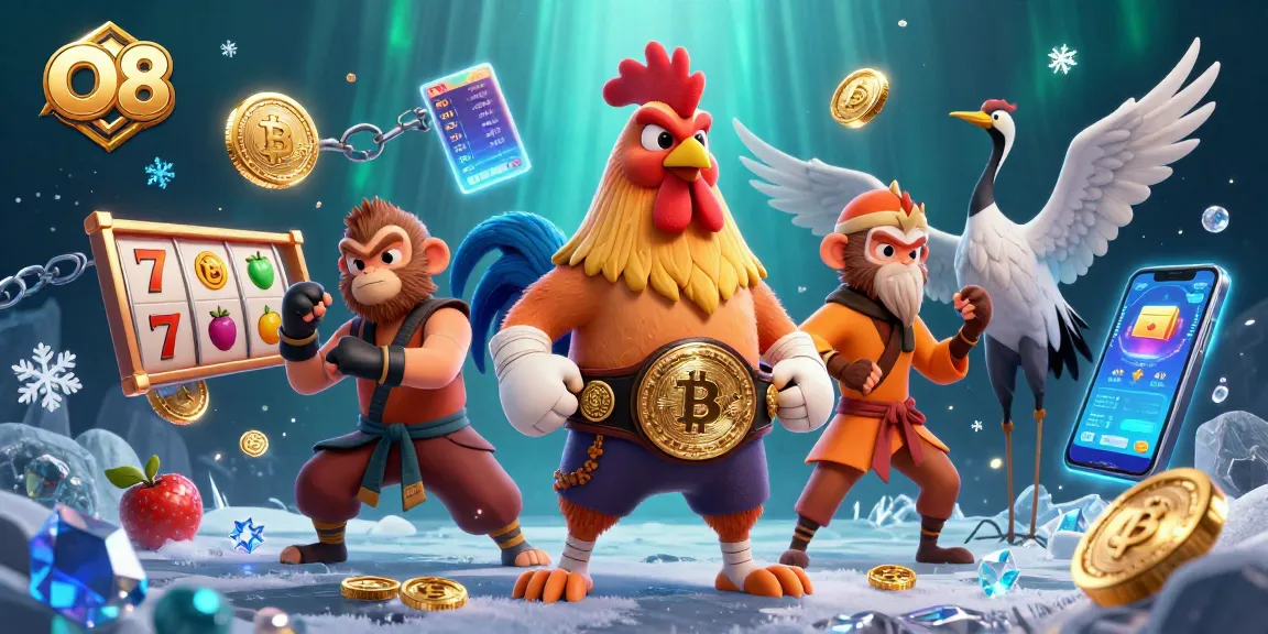 O8 casino scene with a Muay Thai rooster, Shaolin monkey, and crane master amidst lively slot reels and crypto coins.