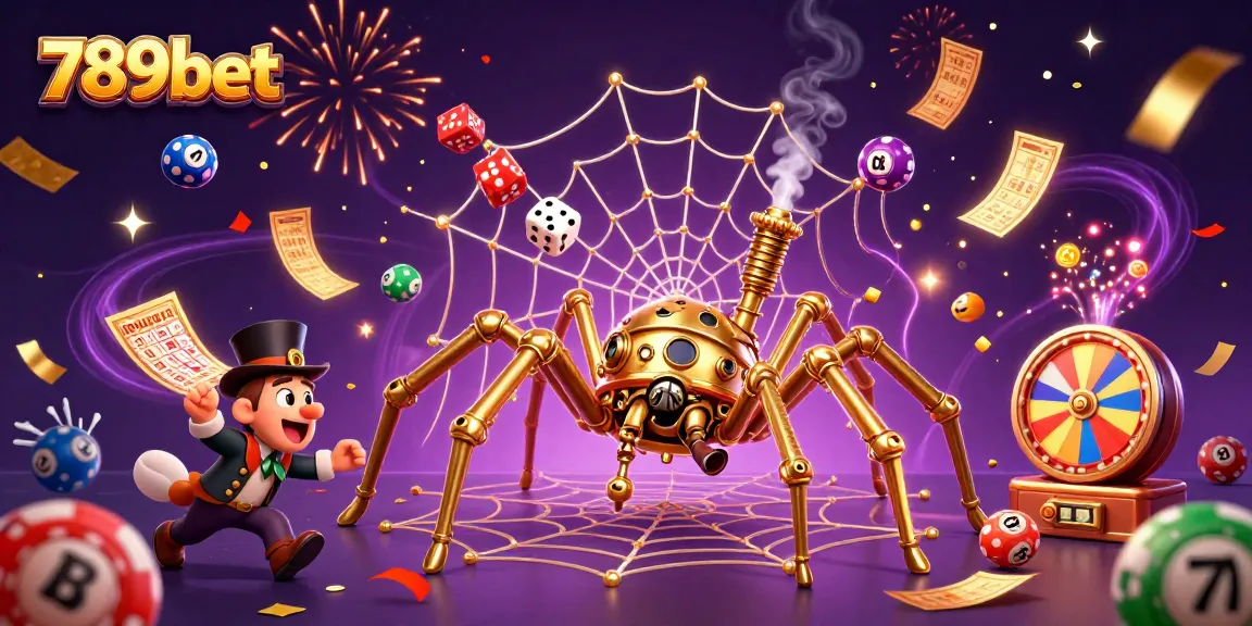 Experience the thrill of 789bet with a vibrant, dynamic 3D illustration featuring a steampunk spider and lottery elements.