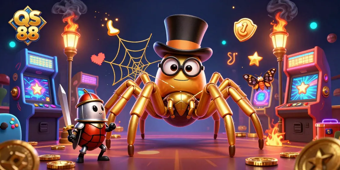 Engage with QS 88's exciting gaming scene featuring a golden tarantula and a beetle knight.