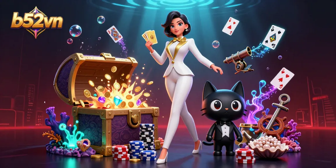 Engage in exciting gameplay with b52vn as cards shuffle and coins burst from treasure chests.