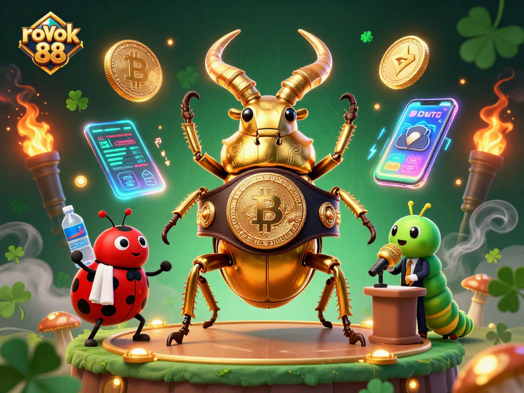 Join the excitement of rokok 88 as the giant golden stag beetle battles with vibrant casino elements in an action-packed scene.