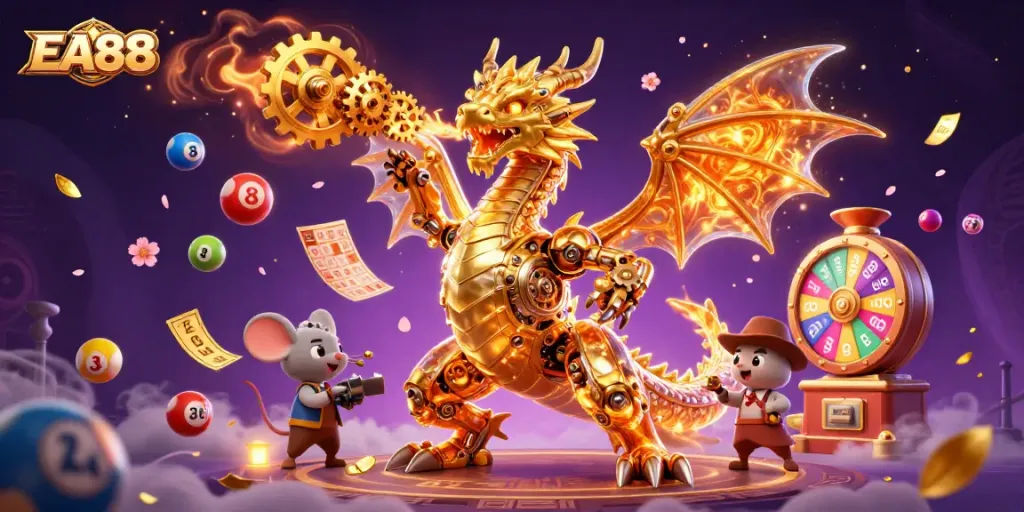 Engage with EA88 through a vibrant 3D illustration showcasing dynamic lottery features.