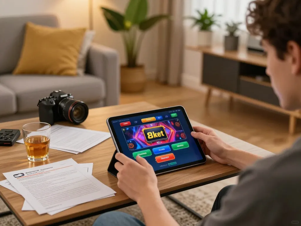 Enjoying online gaming on the 8kbet app in a cozy home setting with strategic notes.