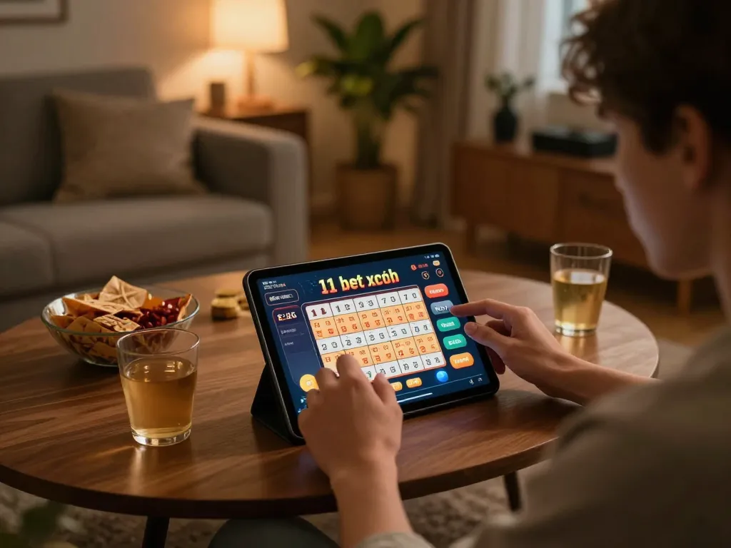 Experience exciting gameplay with 11 bet xổ số on tablet in a cozy home setting.