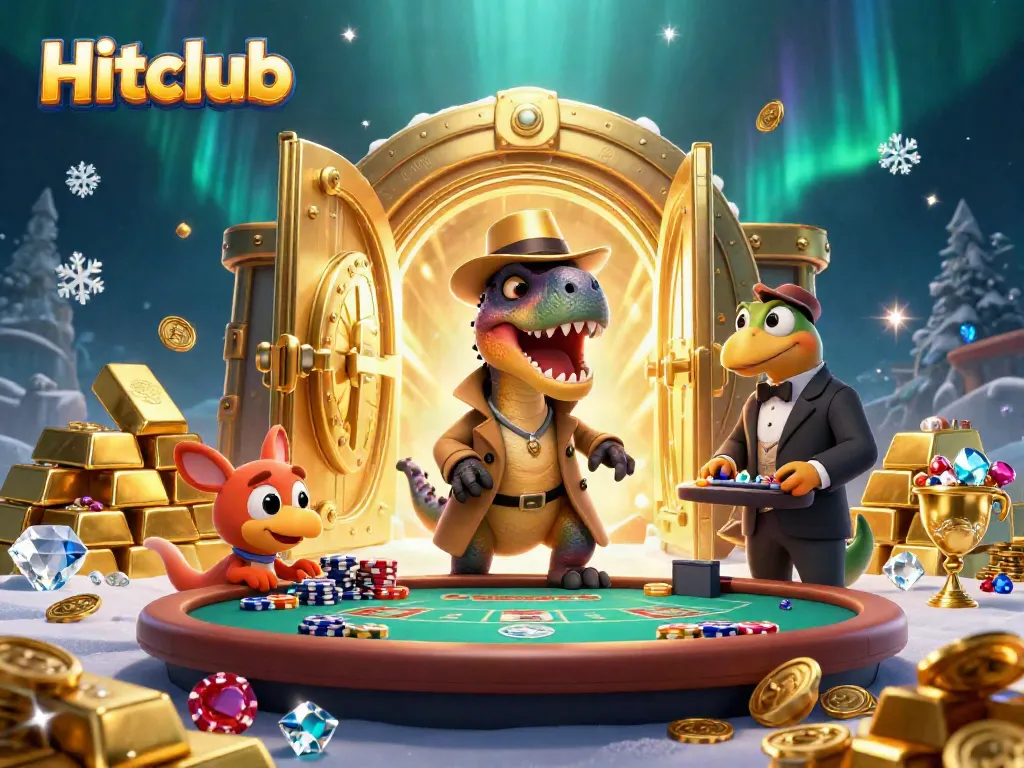 Hitclub cartoon velociraptor card counter at blackjack table with gold treasures and vibrant details.