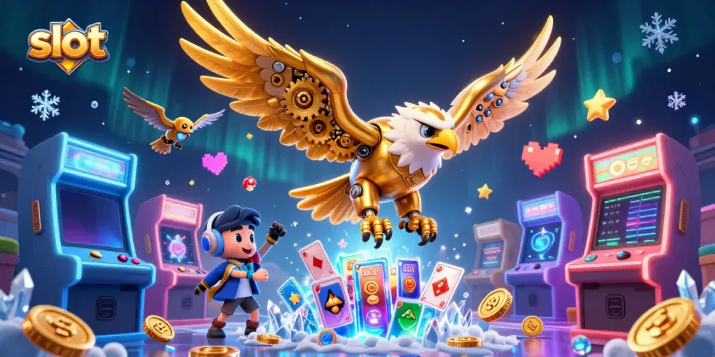 Experience thrilling slot gameplay with a cybernetic eagle soaring through vibrant 3D casino elements.