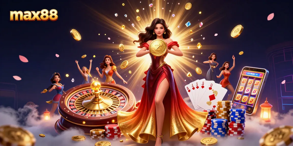 Experience thrilling jackpots at max88 with a stunning illustration of casino gaming excitement and golden coins raining down.