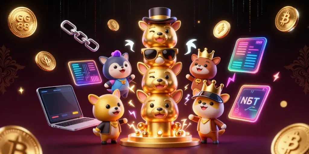 Experience immersive gaming with GG 88 in vibrant 3D illustration, showcasing dynamic casino elements and glowing cryptocurrency.