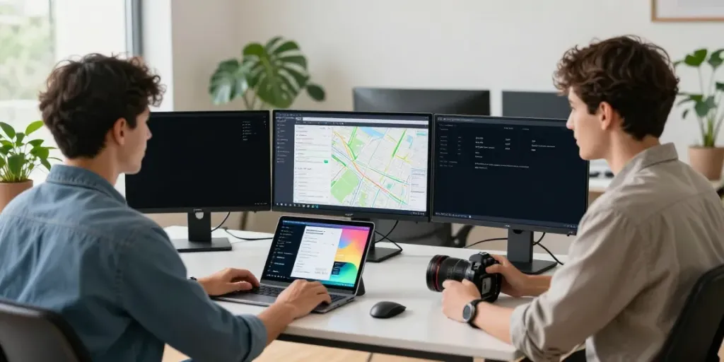 Engaging workspace showcasing a GEO tracking tool professional analyzing location data and analytics.
